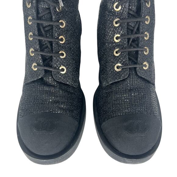 Chanel 2022 CC Logo Glitter Combat Boots Black Runway Virginie Viard 38.5 - Picture 8 of 16